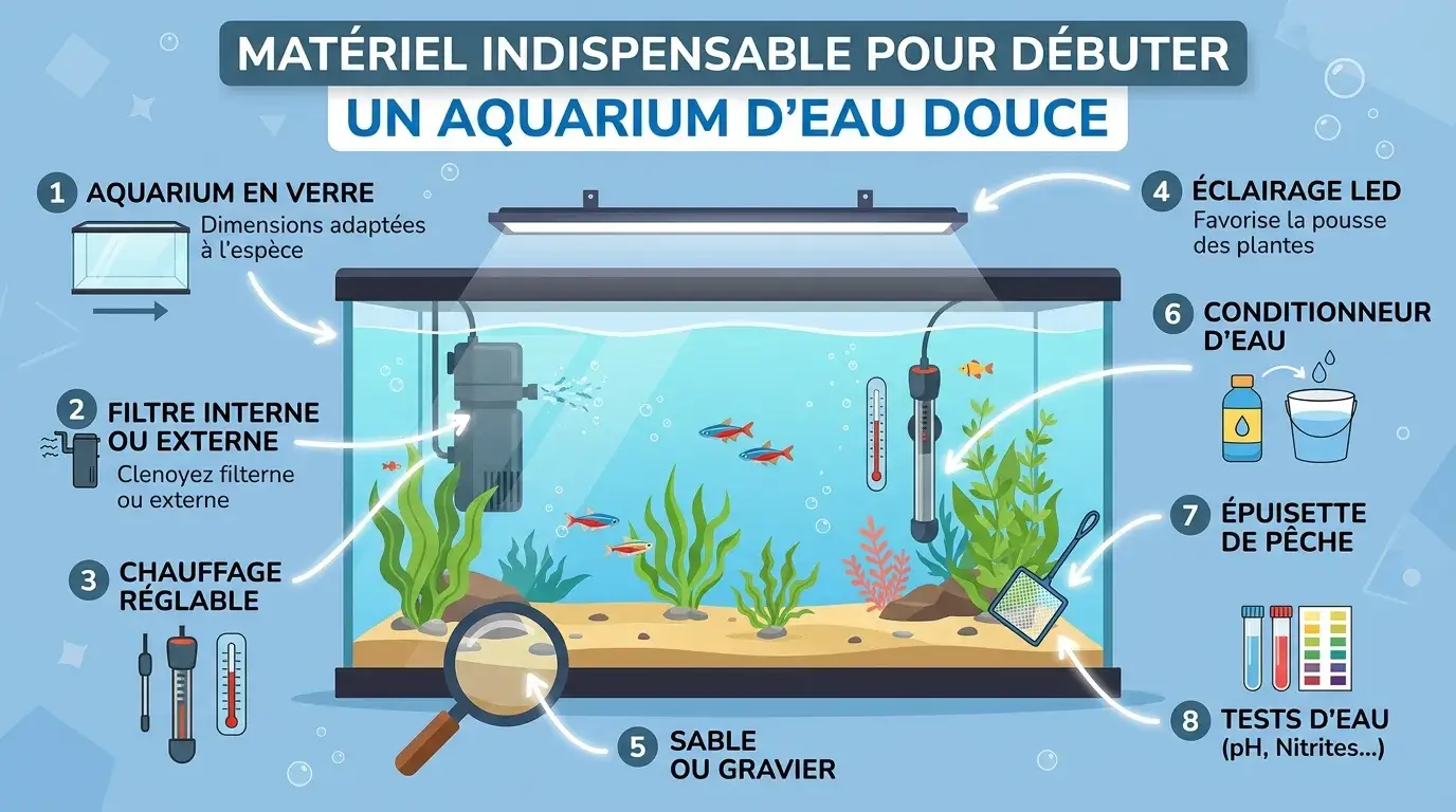 Quel est le matériel indispensable pour débuter un aquarium d'eau douce ?